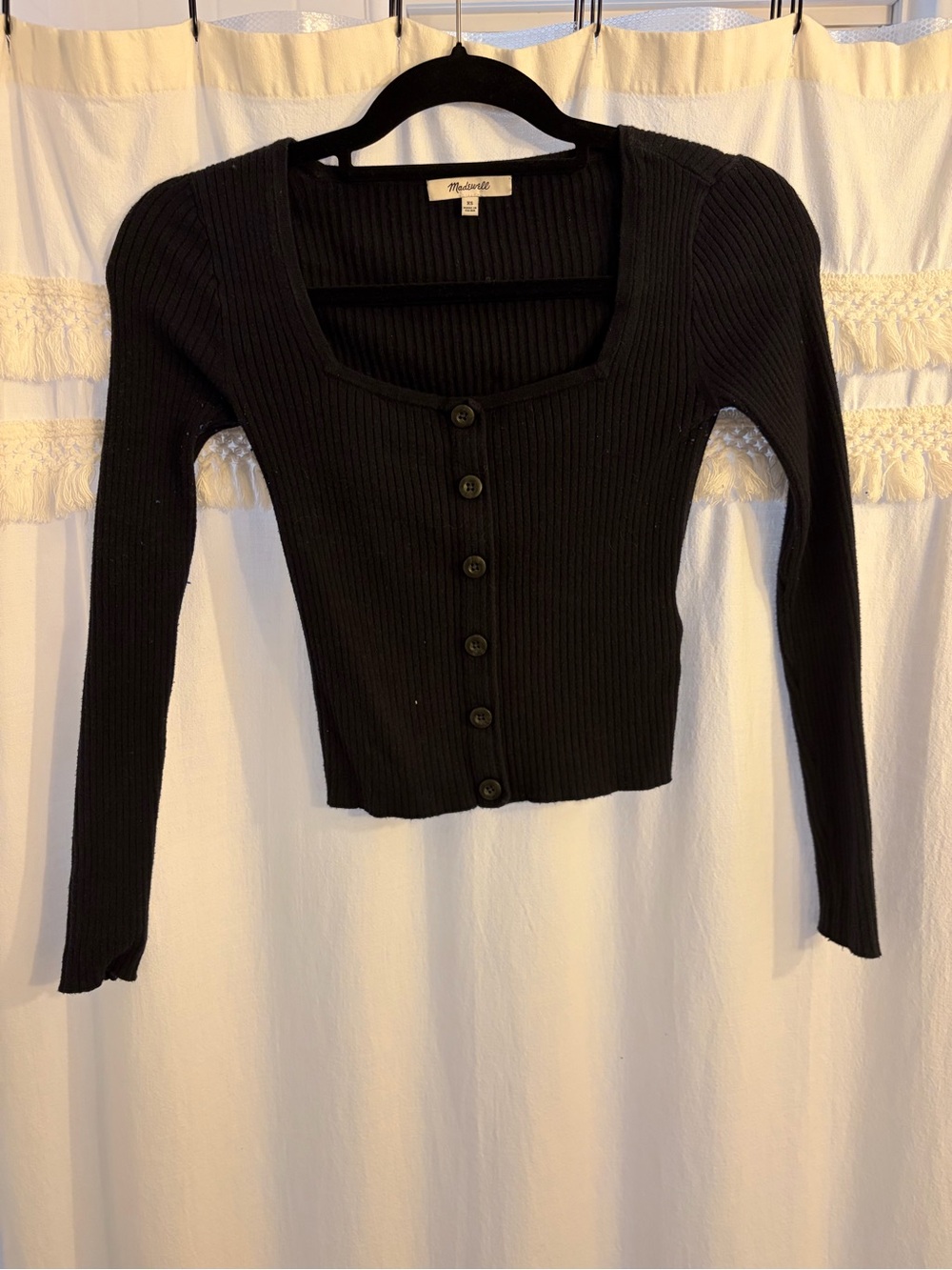 Madewell Black Ribbed Square-Neck Button-Front Long Sleeve Top